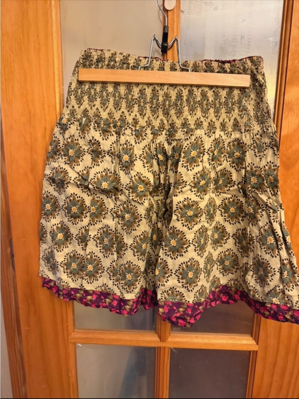 Boho Floral Smocked Waist Shorts in Beige and Green